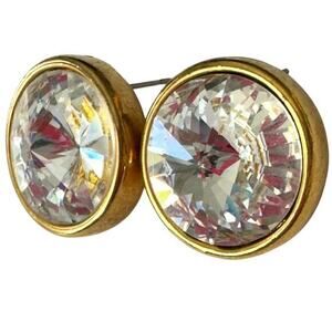 Italian Clear Rivoli Rhinestone Pierced Earrings in Gold Tone Setting Vintage